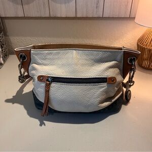 The Sak Hobo Cream and Blue Aqua Color Block Bag with Brown Leather Trim & Strap